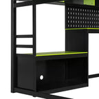 Lit mezzanine de jeu pleine grandeur avec bureau et étagères de rangement, cadre de lit mezzanine bas en bois avec lumières LED, ports USB et panneau perforé