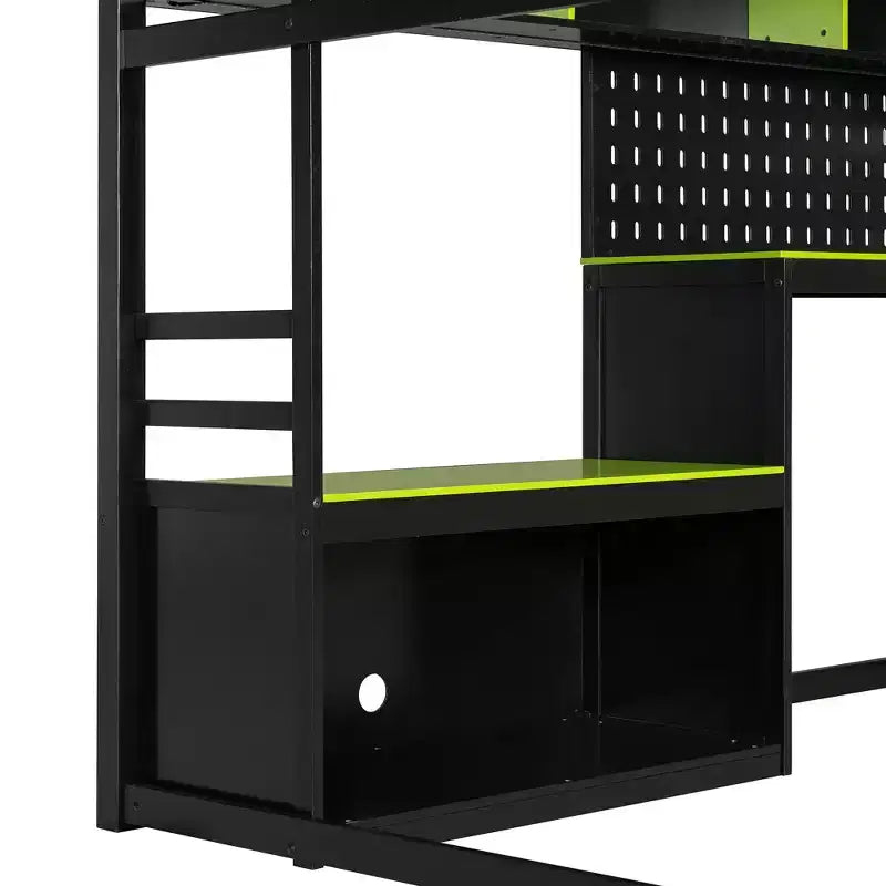 Lit mezzanine de jeu pleine grandeur avec bureau et étagères de rangement, cadre de lit mezzanine bas en bois avec lumières LED, ports USB et panneau perforé