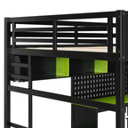 Lit mezzanine de jeu pleine grandeur avec bureau et étagères de rangement, cadre de lit mezzanine bas en bois avec lumières LED, ports USB et panneau perforé