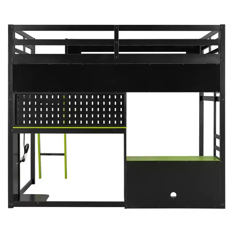 Lit mezzanine de jeu pleine grandeur avec bureau et étagères de rangement, cadre de lit mezzanine bas en bois avec lumières LED, ports USB et panneau perforé