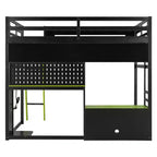 Lit mezzanine de jeu pleine grandeur avec bureau et étagères de rangement, cadre de lit mezzanine bas en bois avec lumières LED, ports USB et panneau perforé