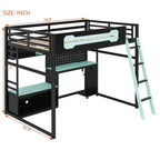 Lit mezzanine de jeu pleine grandeur avec bureau et étagères de rangement, cadre de lit mezzanine bas en bois avec lumières LED, ports USB et panneau perforé