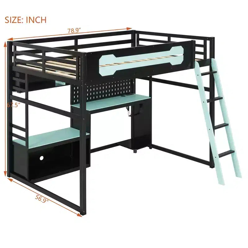 Lit mezzanine de jeu pleine grandeur avec bureau et étagères de rangement, cadre de lit mezzanine bas en bois avec lumières LED, ports USB et panneau perforé