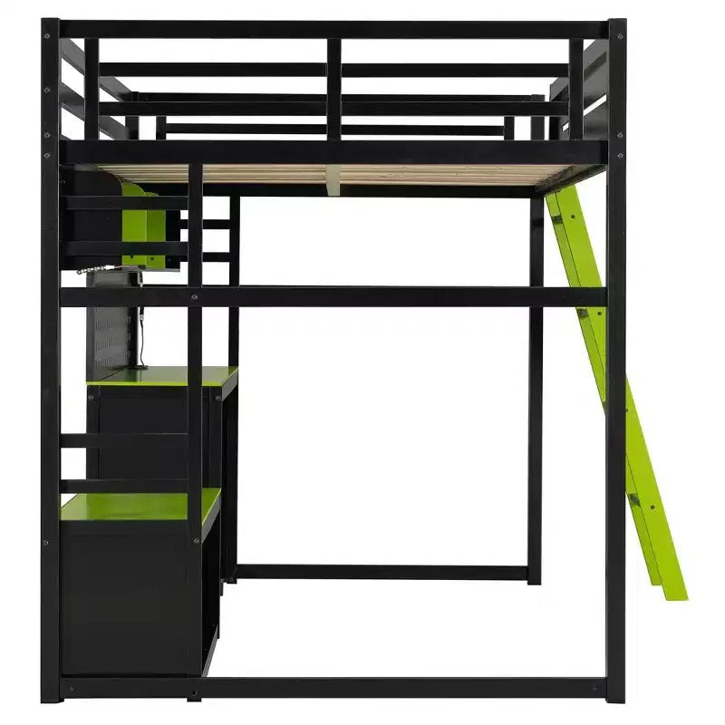 Lit mezzanine de jeu pleine grandeur avec bureau et étagères de rangement, cadre de lit mezzanine bas en bois avec lumières LED, ports USB et panneau perforé