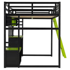 Lit mezzanine de jeu pleine grandeur avec bureau et étagères de rangement, cadre de lit mezzanine bas en bois avec lumières LED, ports USB et panneau perforé