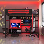 Lit mezzanine de jeu pleine grandeur avec bureau et étagères de rangement, cadre de lit mezzanine bas en bois avec lumières LED, ports USB et panneau perforé