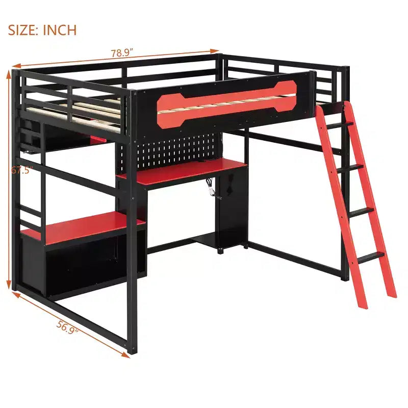 Lit mezzanine de jeu pleine grandeur avec bureau et étagères de rangement, cadre de lit mezzanine bas en bois avec lumières LED, ports USB et panneau perforé