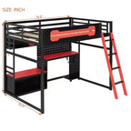 Lit mezzanine de jeu pleine grandeur avec bureau et étagères de rangement, cadre de lit mezzanine bas en bois avec lumières LED, ports USB et panneau perforé