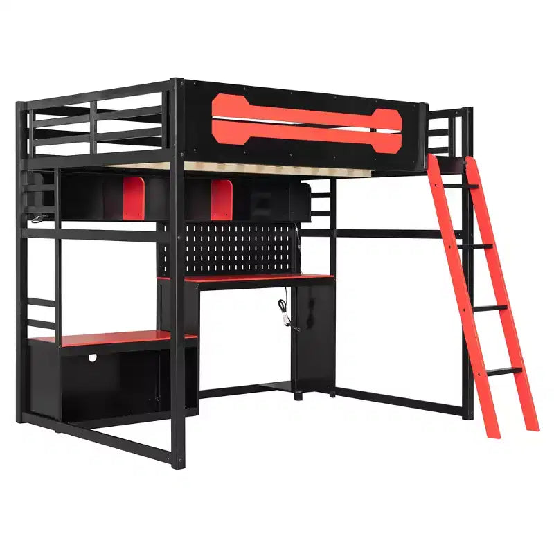 Lit mezzanine de jeu pleine grandeur avec bureau et étagères de rangement, cadre de lit mezzanine bas en bois avec lumières LED, ports USB et panneau perforé
