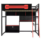Lit mezzanine de jeu pleine grandeur avec bureau et étagères de rangement, cadre de lit mezzanine bas en bois avec lumières LED, ports USB et panneau perforé