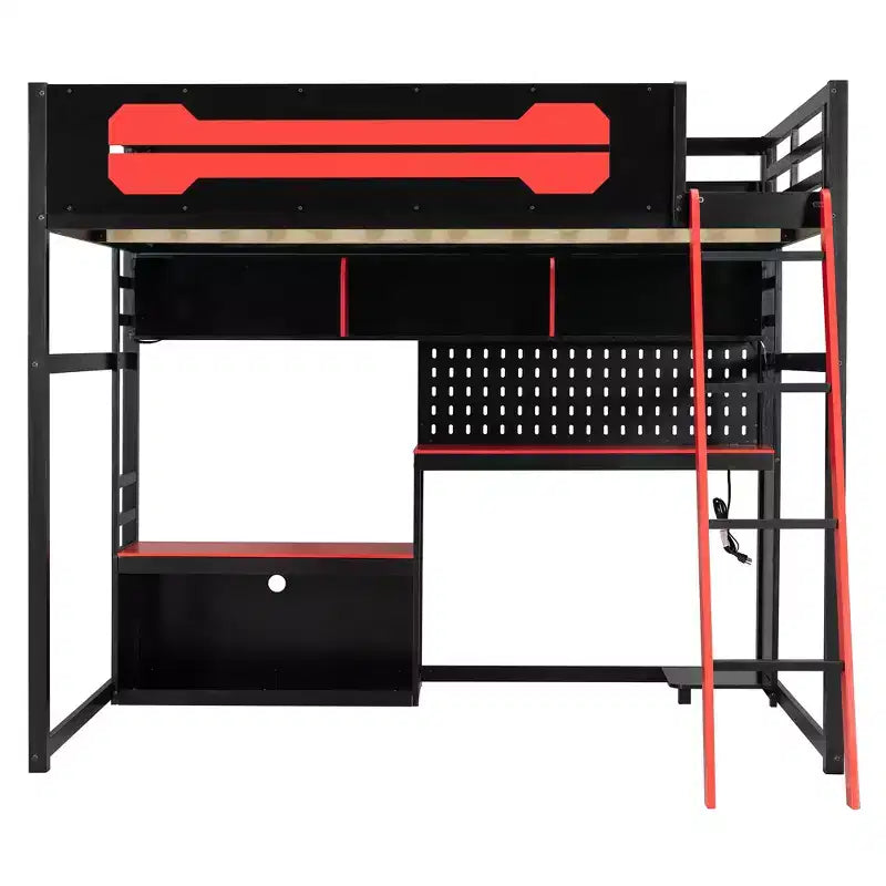 Lit mezzanine de jeu pleine grandeur avec bureau et étagères de rangement, cadre de lit mezzanine bas en bois avec lumières LED, ports USB et panneau perforé