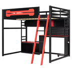Lit mezzanine de jeu pleine grandeur avec bureau et étagères de rangement, cadre de lit mezzanine bas en bois avec lumières LED, ports USB et panneau perforé