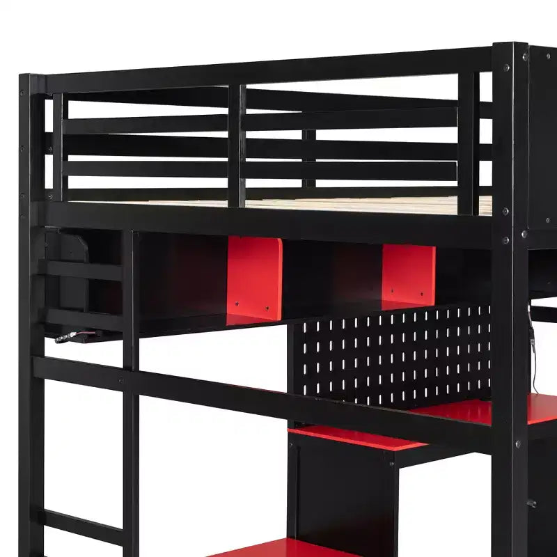 Lit mezzanine de jeu pleine grandeur avec bureau et étagères de rangement, cadre de lit mezzanine bas en bois avec lumières LED, ports USB et panneau perforé