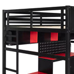 Lit mezzanine de jeu pleine grandeur avec bureau et étagères de rangement, cadre de lit mezzanine bas en bois avec lumières LED, ports USB et panneau perforé