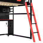 Lit mezzanine de jeu pleine grandeur avec bureau et étagères de rangement, cadre de lit mezzanine bas en bois avec lumières LED, ports USB et panneau perforé