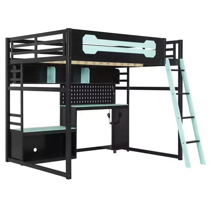 Lit mezzanine de jeu pleine grandeur avec bureau et étagères de rangement, cadre de lit mezzanine bas en bois avec lumières LED, ports USB et panneau perforé