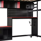 Lit mezzanine de jeu pleine grandeur avec bureau et étagères de rangement, cadre de lit mezzanine bas en bois avec lumières LED, ports USB et panneau perforé