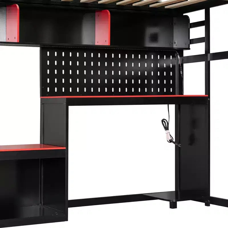 Lit mezzanine de jeu pleine grandeur avec bureau et étagères de rangement, cadre de lit mezzanine bas en bois avec lumières LED, ports USB et panneau perforé