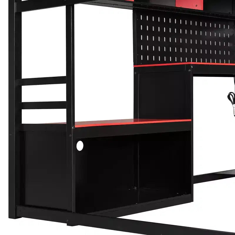 Lit mezzanine de jeu pleine grandeur avec bureau et étagères de rangement, cadre de lit mezzanine bas en bois avec lumières LED, ports USB et panneau perforé