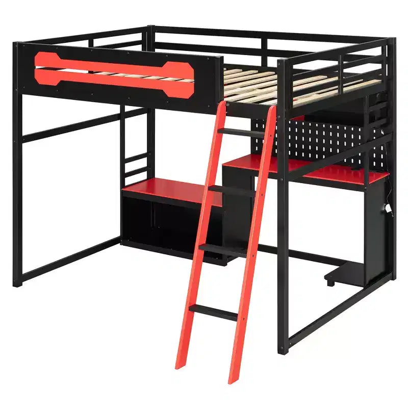 Lit mezzanine de jeu pleine grandeur avec bureau et étagères de rangement, cadre de lit mezzanine bas en bois avec lumières LED, ports USB et panneau perforé
