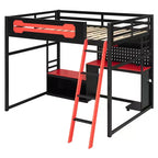 Lit mezzanine de jeu pleine grandeur avec bureau et étagères de rangement, cadre de lit mezzanine bas en bois avec lumières LED, ports USB et panneau perforé
