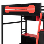 Lit mezzanine de jeu pleine grandeur avec bureau et étagères de rangement, cadre de lit mezzanine bas en bois avec lumières LED, ports USB et panneau perforé