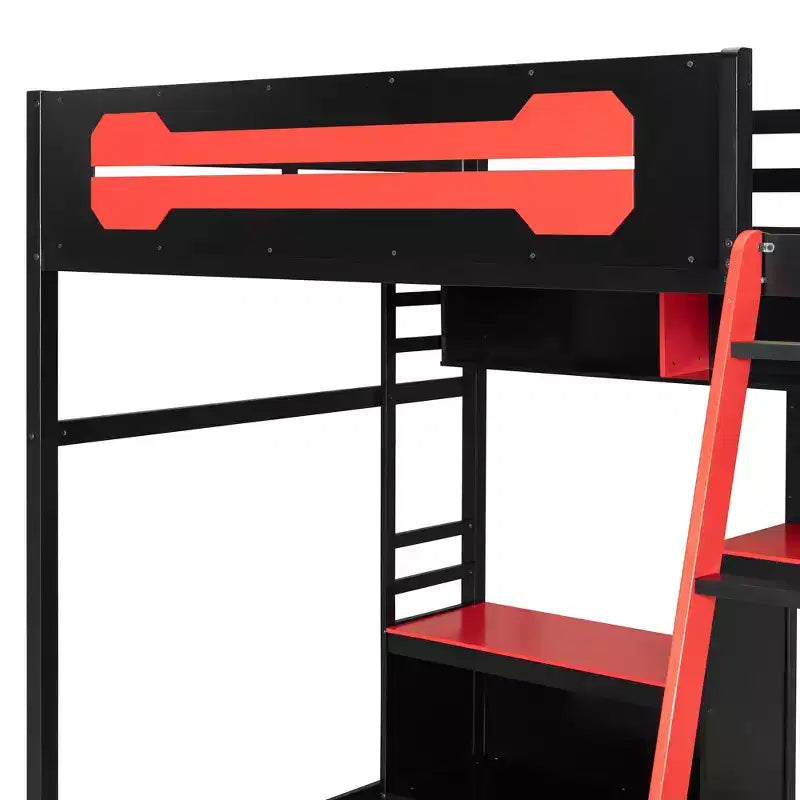 Lit mezzanine de jeu pleine grandeur avec bureau et étagères de rangement, cadre de lit mezzanine bas en bois avec lumières LED, ports USB et panneau perforé
