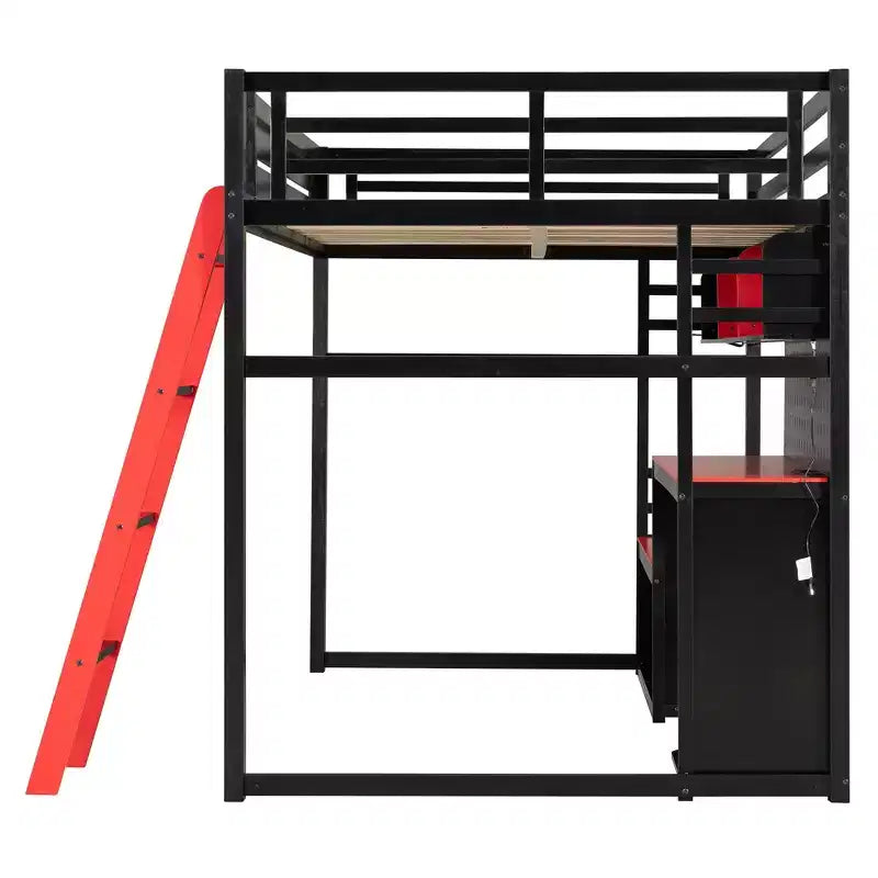 Lit mezzanine de jeu pleine grandeur avec bureau et étagères de rangement, cadre de lit mezzanine bas en bois avec lumières LED, ports USB et panneau perforé