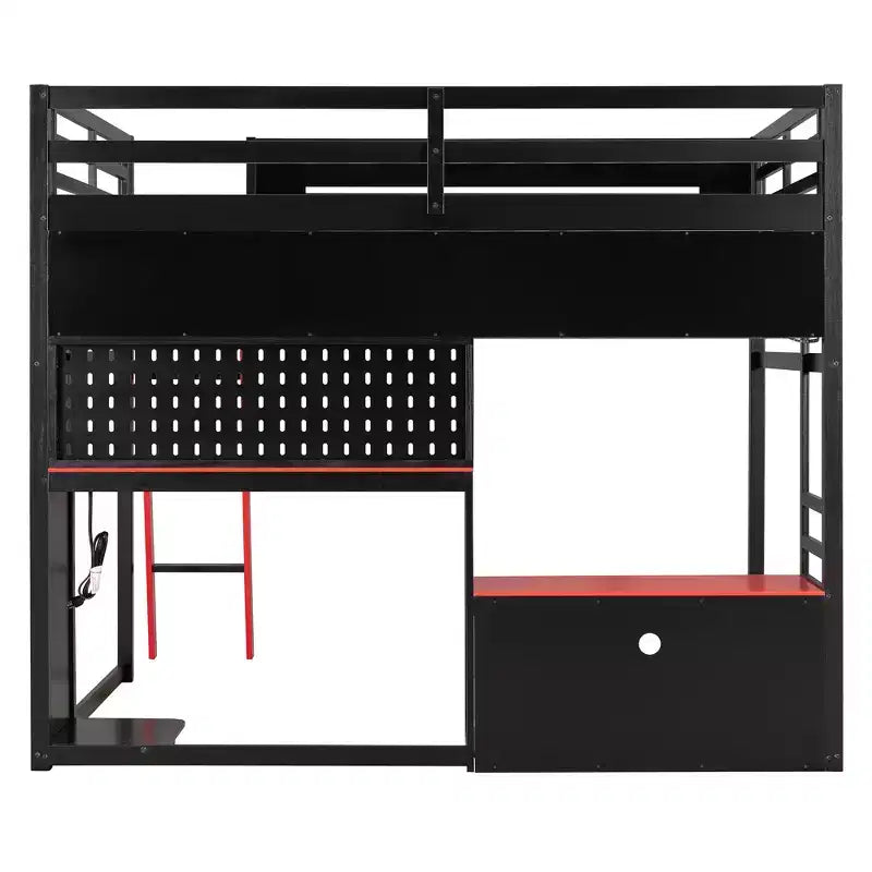 Lit mezzanine de jeu pleine grandeur avec bureau et étagères de rangement, cadre de lit mezzanine bas en bois avec lumières LED, ports USB et panneau perforé