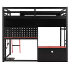 Lit mezzanine de jeu pleine grandeur avec bureau et étagères de rangement, cadre de lit mezzanine bas en bois avec lumières LED, ports USB et panneau perforé