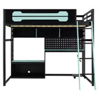 Lit mezzanine de jeu pleine grandeur avec bureau et étagères de rangement, cadre de lit mezzanine bas en bois avec lumières LED, ports USB et panneau perforé