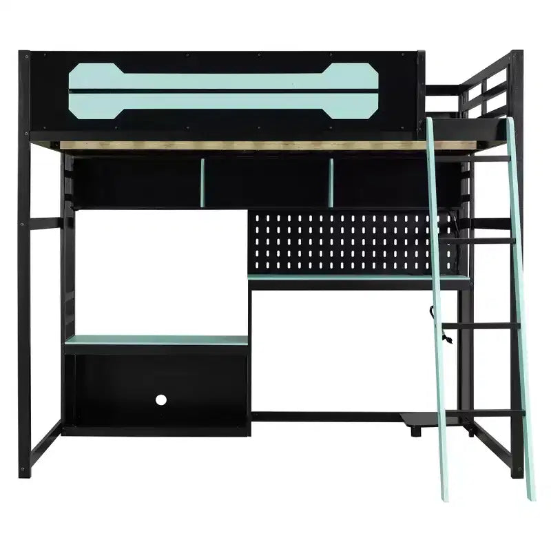 Lit mezzanine de jeu pleine grandeur avec bureau et étagères de rangement, cadre de lit mezzanine bas en bois avec lumières LED, ports USB et panneau perforé