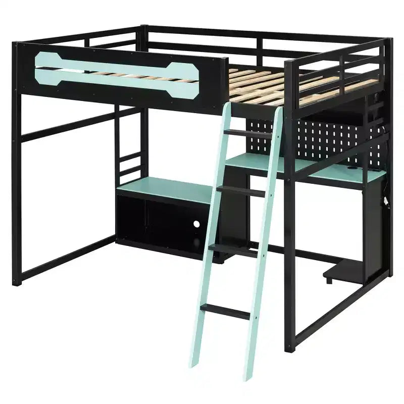 Lit mezzanine de jeu pleine grandeur avec bureau et étagères de rangement, cadre de lit mezzanine bas en bois avec lumières LED, ports USB et panneau perforé
