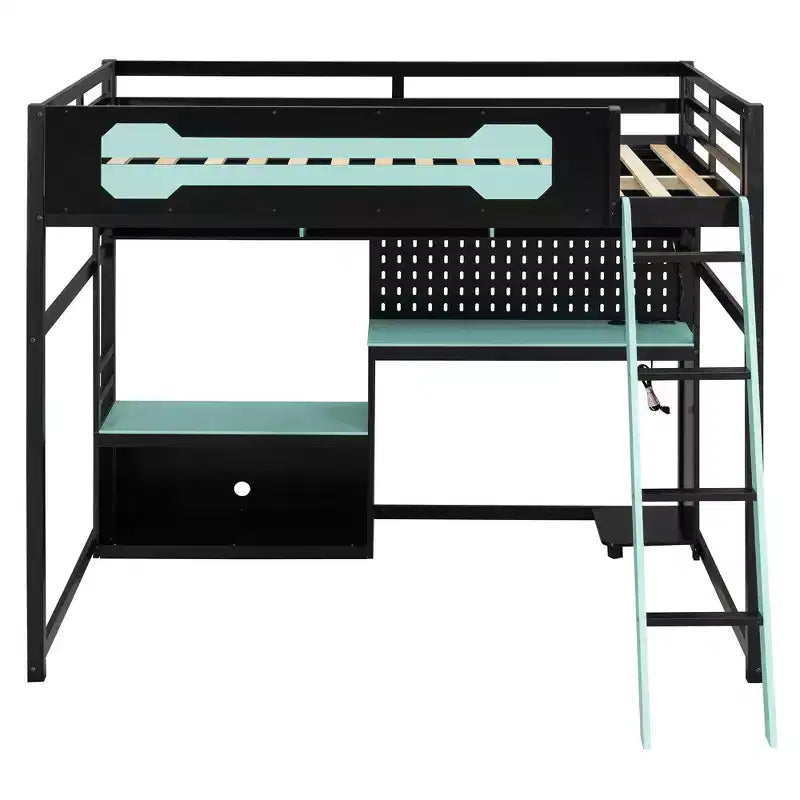 Lit mezzanine de jeu pleine grandeur avec bureau et étagères de rangement, cadre de lit mezzanine bas en bois avec lumières LED, ports USB et panneau perforé