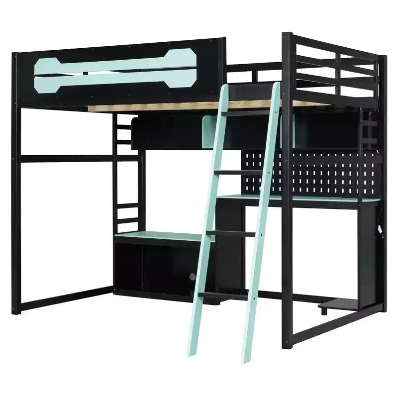 Lit mezzanine de jeu pleine grandeur avec bureau et étagères de rangement, cadre de lit mezzanine bas en bois avec lumières LED, ports USB et panneau perforé