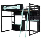 Lit mezzanine de jeu pleine grandeur avec bureau et étagères de rangement, cadre de lit mezzanine bas en bois avec lumières LED, ports USB et panneau perforé