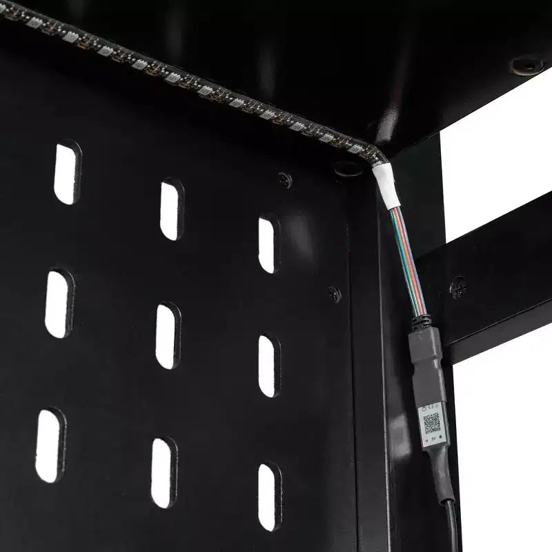 Lit mezzanine de jeu pleine grandeur avec bureau et étagères de rangement, cadre de lit mezzanine bas en bois avec lumières LED, ports USB et panneau perforé