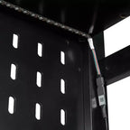 Lit mezzanine de jeu pleine grandeur avec bureau et étagères de rangement, cadre de lit mezzanine bas en bois avec lumières LED, ports USB et panneau perforé