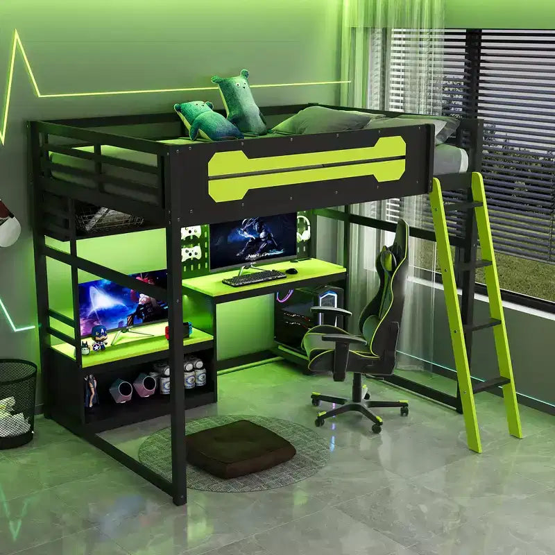 Lit mezzanine de jeu pleine grandeur avec bureau et étagères de rangement, cadre de lit mezzanine bas en bois avec lumières LED, ports USB et panneau perforé