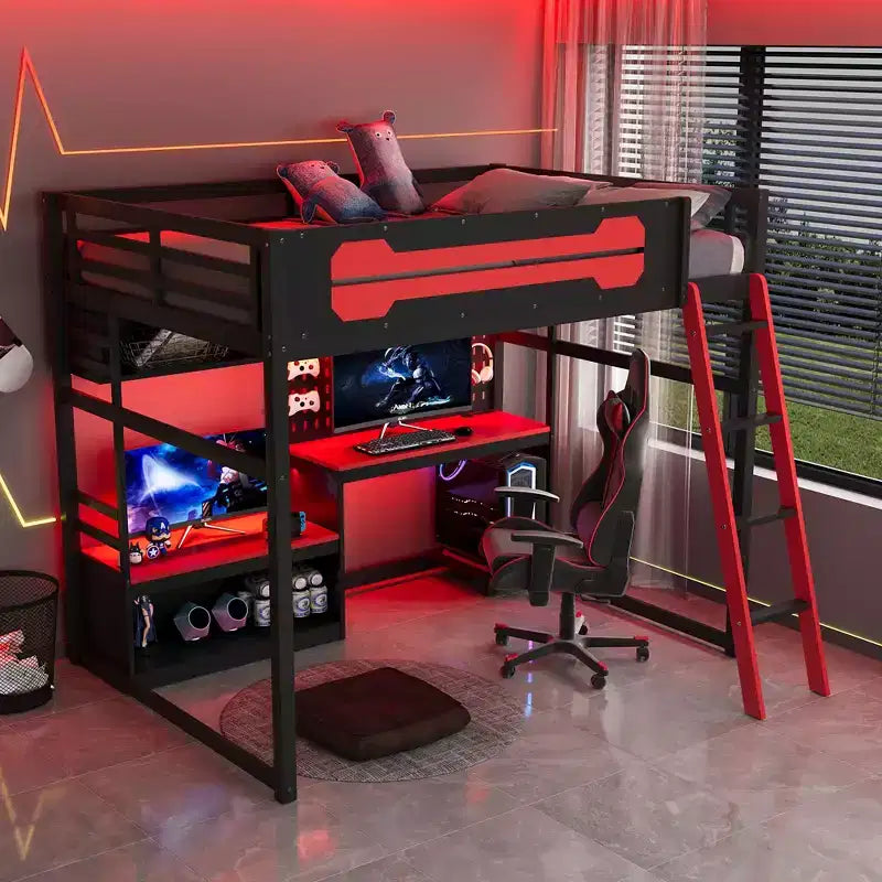 Lit mezzanine de jeu pleine grandeur avec bureau et étagères de rangement, cadre de lit mezzanine bas en bois avec lumières LED, ports USB et panneau perforé