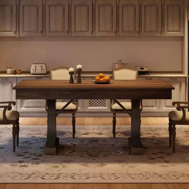 Table de salle à manger pour 6-8 personnes avec 2 tiroirs, Table de cuisine en bois avec double piédestal et grand plateau, Grande table à manger rectangulaire de 2,4 m avec cadre robuste