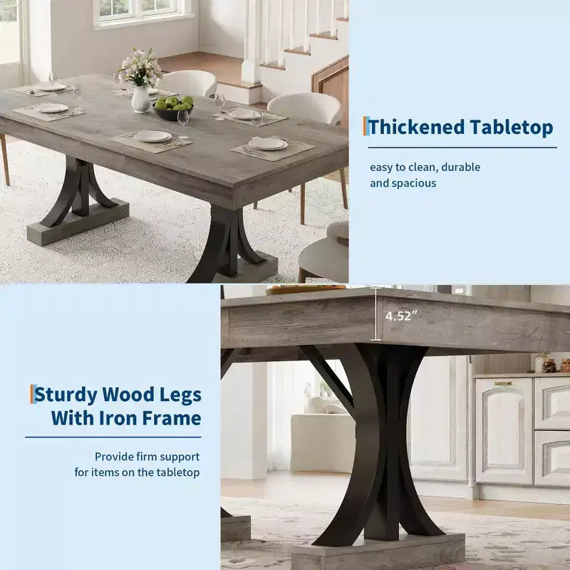 Table de salle à manger pour 6-8 personnes avec 2 tiroirs, Table de cuisine en bois avec double piédestal et grand plateau, Grande table à manger rectangulaire de 2,4 m avec cadre robuste