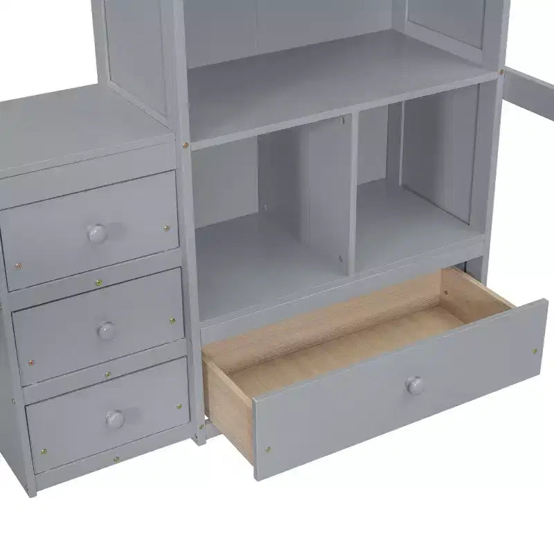 Lit mezzanine Bellemave avec bureau, étagères de rangement et tiroirs, cadre de lit mezzanine en bois avec barrières de sécurité et échelle intégrée pour adolescents et adultes