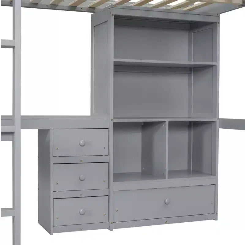 Lit mezzanine Bellemave avec bureau, étagères de rangement et tiroirs, cadre de lit mezzanine en bois avec barrières de sécurité et échelle intégrée pour adolescents et adultes
