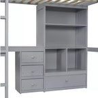 Lit mezzanine Bellemave avec bureau, étagères de rangement et tiroirs, cadre de lit mezzanine en bois avec barrières de sécurité et échelle intégrée pour adolescents et adultes