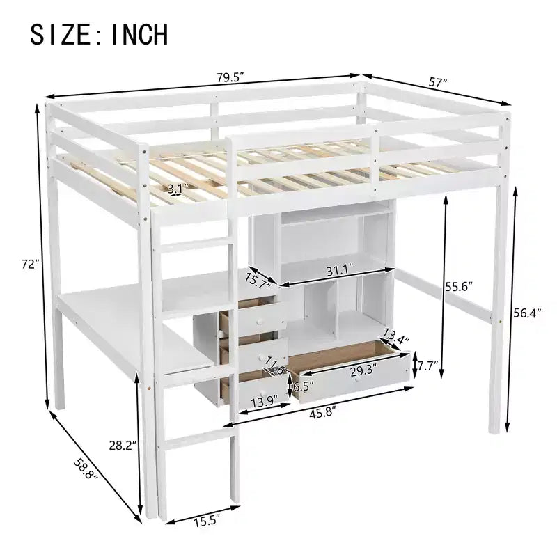 Lit mezzanine Bellemave avec bureau, étagères de rangement et tiroirs, cadre de lit mezzanine en bois avec barrières de sécurité et échelle intégrée pour adolescents et adultes