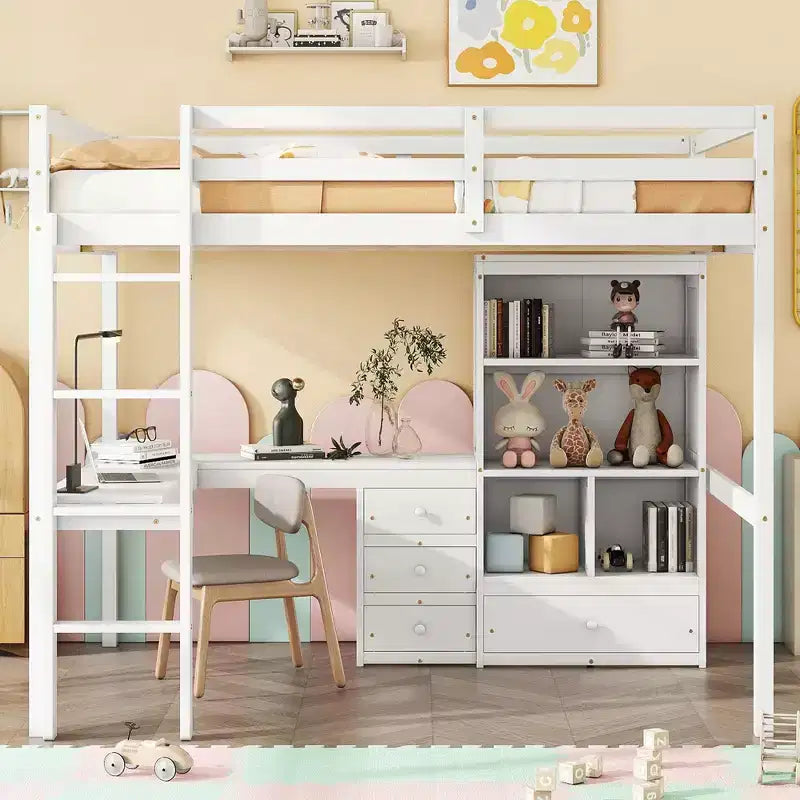 Lit mezzanine Bellemave avec bureau, étagères de rangement et tiroirs, cadre de lit mezzanine en bois avec barrières de sécurité et échelle intégrée pour adolescents et adultes