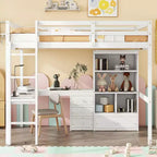 Lit mezzanine Bellemave avec bureau, étagères de rangement et tiroirs, cadre de lit mezzanine en bois avec barrières de sécurité et échelle intégrée pour adolescents et adultes
