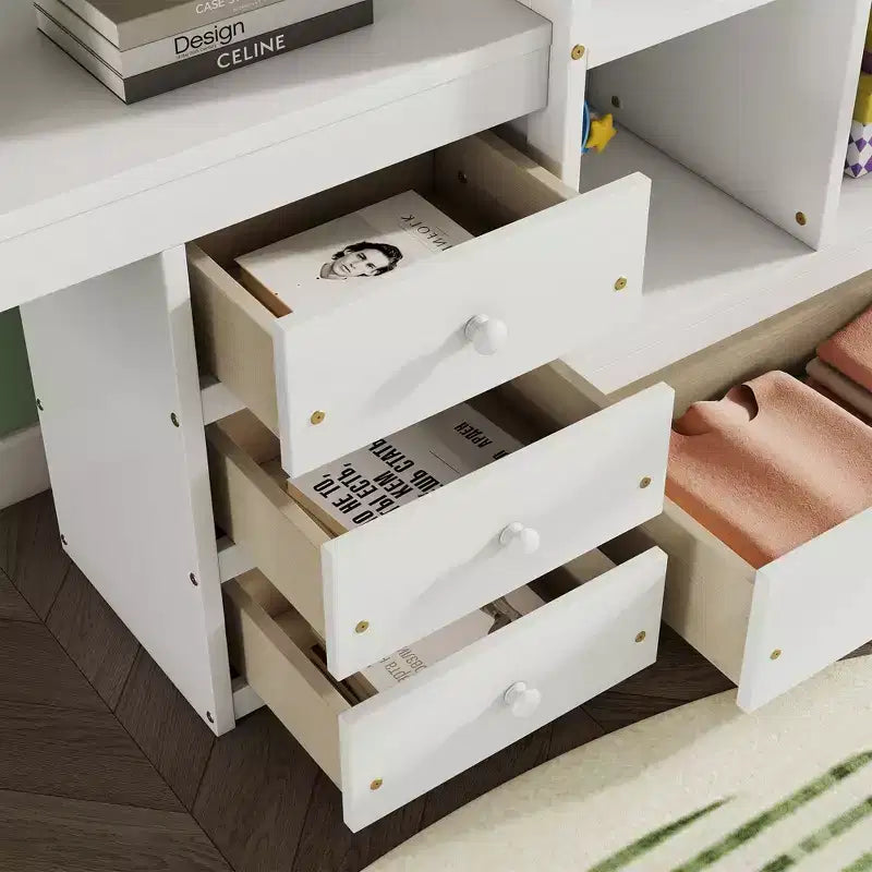 Lit mezzanine Bellemave avec bureau, étagères de rangement et tiroirs, cadre de lit mezzanine en bois avec barrières de sécurité et échelle intégrée pour adolescents et adultes