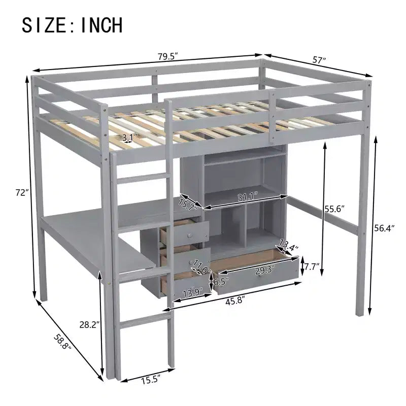 Lit mezzanine Bellemave avec bureau, étagères de rangement et tiroirs, cadre de lit mezzanine en bois avec barrières de sécurité et échelle intégrée pour adolescents et adultes
